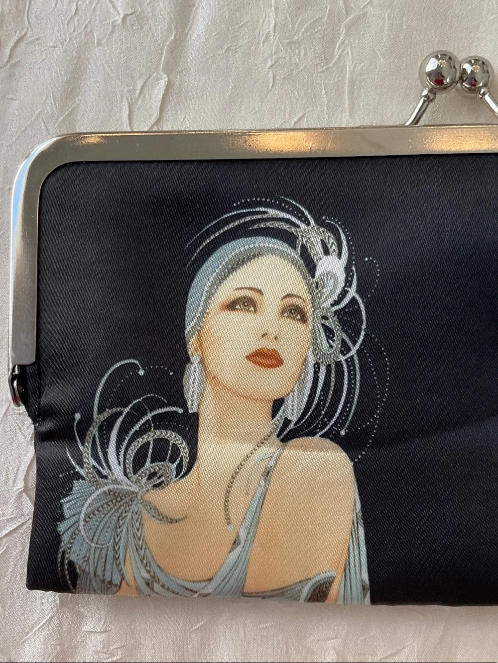 Vintage-Inspired Black Clutch with Art Deco Portrait